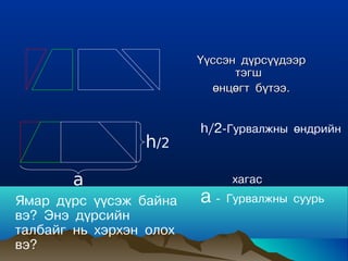 ¯¿ññýí ä¿ðñ¿¿äýýð
                               òýãø
                           ºíöºãò á¿òýý.


                         h/2-Ãóðâàëæíû ºíäðèéí
                 h/2

       a                      õàãàñ
ßìàð ä¿ðñ ¿¿ñýæ áàéíà    a - Ãóðâàëæíû   ñóóðü
âý? Ýíý ä¿ðñèéí
òàëáàéã íü õýðõýí îëîõ
âý?
 