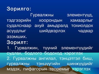 Зорилго:
          Гурвалжны      элементүүд,
тэдгээрийн    хоорондын   хамаарлыг
судалснаар ахуй амьдралд тохиолдох
асуудлыг      шийдвэрлэх     чадвар
эзэмших.
Зорилт:
1. Гурвалжин, түүний элементүүдийг
судлах, бодлого бодоход хэрэглэх
2. Гурвалжны ангилал, тэнцэтгэл биш,
гурвалжны    тэнцүүгийн  шинжүүдийг
мэдэх, пифагорын теоремыг хэрэглэх
 