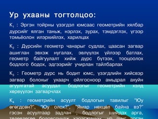 Óð óõààíû òîãòîëöîî:
Ê1 : Ýðãýí òîéðíû ¿çýãäýë þìñààñ ãåîìåòðèéí õÿëáàð
ä¿ðñèéã ÿëãàí òàíüæ, íýðëýõ, çóðàõ, òýìäýãëýõ, ¿ãýýð
òîìü¸îëîí èëýðõèéëýõ, õàðèëöàõ
Ê2 : Ä¿ðñèéí ãåîìåòð ÷àíàðûã ñóäëàõ, öààñàí çàãâàð
àøèãëàí ýâõýæ íóãàëàõ, ýâë¿¿ëýõ ¿éëýýð áàòëàõ,
ãåîìåòð áàéãóóëàëò õèéæ ä¿ðñ á¿òýýõ, òîîöîîëîõ
áîäëîãî áîäîõ, ýäãýýðèéã ó÷èðëàí òàéëáàðëàõ
Ê3 : Ãåîìåòð ä¿ðñ íü áîäèò þìñ, ¿çýãäëèéí õèéñâýð
çàãâàð áîëîõûã óõààð÷ îéëãîñíîîð àìüäðàë àõóéí
àãóóëãàòàé   àñóóäàë  áîäëîãûã  ãåîìåòðèéí   õýëä
õºðâ¿¿ëýí çàãâàð÷ëàõ
Ê4 : ãåîìåòðèéí àñóóëò áîäëîãûí òàâèëûã “Þó
ºãºãäñºí?”, “Þó îëîõ?”, “ßìàð íºõöºë áàéíà âý?”
ãýñýí àñóóëòààð çàäëàí , áîäëîãûã øèéäýõ àðãà,
 