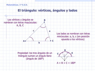 C El triángulo: vértices, ángulos y lados Propiedad: los tres ángulos de un triángulo suman un ángulo llano (ángulo de 180º) Los vértices y ángulos se nombran con letras mayúsculas: A, B, C  Los lados se nombran con letras minúsculas: a, b, c (en posición opuesta a los vértices)  A + B + C = 180º  A B a b c A B C 