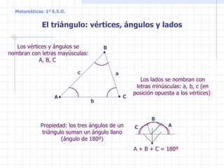 C El triángulo: vértices, ángulos y lados Propiedad: los tres ángulos de un triángulo suman un ángulo llano (ángulo de 180º) Los vértices y ángulos se nombran con letras mayúsculas: A, B, C  Los lados se nombran con letras minúsculas: a, b, c (en posición opuesta a los vértices)  A + B + C = 180º  A B a b c A B C 