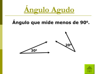 Ángulo Agudo Ángulo que mide menos de 90 0 . 30 0 20 0 