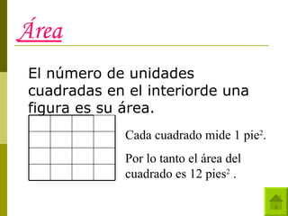 Área El número de unidades cuadradas en el interiorde una figura es su área. Cada cuadrado mide 1 pie 2 .  Por lo tanto el área del cuadrado es 12 pies 2  . 