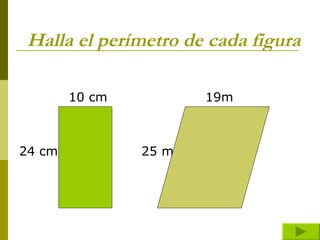 Halla el perímetro de cada figura   10 cm   19m 24 cm   25 m 
