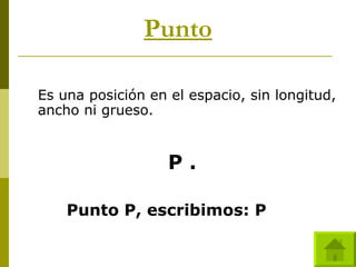 Punto Es una posici ón en el espacio, sin longitud, ancho ni grueso. P . Punto P, escribimos: P 
