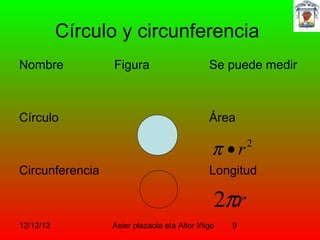 Círculo y circunferencia
Nombre           Figura                      Se puede medir



Círculo                                      Área

                                              π •r    2

Circunferencia                               Longitud

                                              2πr
12/12/12         Asier plazaola eta Aitor Iñigo   9
 