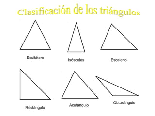 Equilátero
             Isósceles    Escaleno




                           Obtusángulo
             Acutángulo
Rectángulo
 