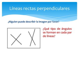 ¿Alguien puede describir la imagen por favor?
Líneas rectas perpendiculares
¿Qué tipo de ángulos
se forman en cada par
de líneas?
 