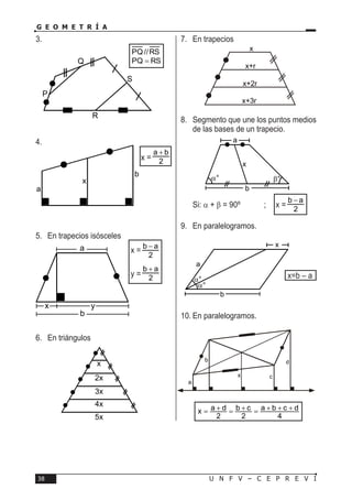 U N F V – C E P R E V I38
G E O M E T R Í A
3.	
								 RSPQ
RS//PQ
=
4.
x = 2
ba +
5.	 En trapecios isósceles
								x =
2
ab −
								y = 2
ab +
6.	 En triángulos
7.	 En trapecios
8.	 Segmento que une los puntos medios
de las bases de un trapecio.
	Si: α + β = 90º		 ;	 x = 2
ab −
9.	 En paralelogramos.
									x=b – a
10.	En paralelogramos.
4
dcba
2
cb
2
dax +++=+=+=
P
Q
S
R
a
b
x
a
b
x y
x
2x
3x
4x
5x
x
x+r
x+2r
x+3r
b
a
x
α° β°
α°
α°
a
b
x
a
b
c
d
x
 