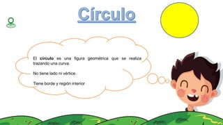 El círculo es una figura geométrica que se realiza
trazando una curva.
No tiene lado ni vértice.
Tiene borde y región interior
 
