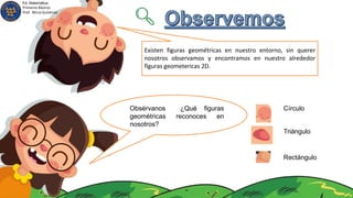 Existen figuras geométricas en nuestro entorno, sin querer
nosotros observamos y encontramos en nuestro alrededor
figuras geometericas 2D.
¿Qué figuras
reconoces en
Obsérvanos
geométricas
nosotros?
Círculo
Triángulo
Rectángulo
Ed. Matemática
Primeros Básicos
Prof. Mirza Gutiérrez
 