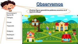 ¿Cuántas figuras geométricas podemos encontrar en el
siguiente dibujo?
Encontramos 5
figuras 2D.
Triángulo
Círculo
Trapezoide
Octágono
Rectángulo
Cuadrado
 