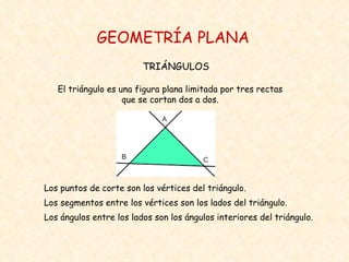 GEOMETRÍA PLANA TRIÁNGULOS El triángulo es una figura plana limitada por tres rectas que se cortan dos a dos. Los puntos de corte son los vértices del triángulo. Los segmentos entre los vértices son los lados del triángulo. Los ángulos entre los lados son los ángulos interiores del triángulo. 