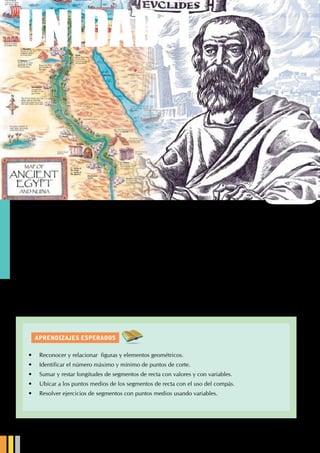 AprendiZajes esperados
UNIDAD 1
L
a base económica de Egipto fue la agricultura, que dependía estrechamente del Nilo. Para lograr que
los efectos de la inundación fueran favorables, se la debió encauzar y dirigir. Fue necesario buscar y
crear la forma de "medir la tierra" aplicando conocimientos matemáticos
Euclides es considerado el padre de la Geometría. Su obra maestra "Elementos" (que consta de 13 libros)
ha sido la base para la evolución de esta materia a través de los siglos.
¿Cuál es la etimología de Geometría?
¿Qué estudia la Geometría?
¿Qué es postulado?
Conociendoalageometría
UNIDAD 1
•	 Reconocer y relacionar  figuras y elementos geométricos.
•	 Identificar el número máximo y mínimo de puntos de corte.
•	 Sumar y restar longitudes de segmentos de recta con valores y con variables.
•	 Ubicar a los puntos medios de los segmentos de recta con el uso del compás.
•	 Resolver ejercicios de segmentos con puntos medios usando variables.
 