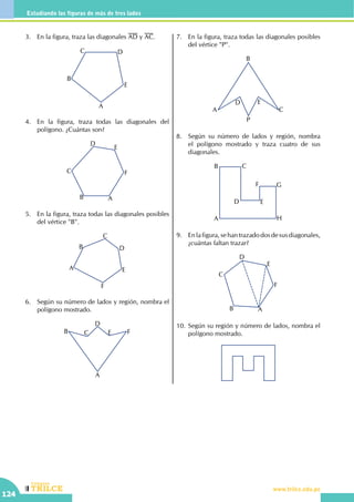 CEILTR
Colegios
www.trilce.edu.pe
124
Estudiando las figuras de más de tres lados
3.	 En la figura, traza las diagonales AD y AC.
A
B
C D
E
4.	 En la figura, traza todas las diagonales del
polígono. ¿Cuántas son?
AB
C
D
E
F
5.	 En la figura, traza todas las diagonales posibles
del vértice "B".
A
B
C
D
E
F
6.	 Según su número de lados y región, nombra el
polígono mostrado.
A
B C
D
E F
7.	 En la figura, traza todas las diagonales posibles
del vértice "P".
A
B
C
D E
P
8.	 Según su número de lados y región, nombra
el polígono mostrado y traza cuatro de sus
diagonales.
A
B C
D E
H
F G
9.	 En la figura, se han trazado dos de sus diagonales,
¿cuántas faltan trazar?
AB
C
D
E
F
10.	Según su región y número de lados, nombra el
polígono mostrado.
 