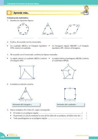 CEILTR
Colegios
www.trilce.edu.pe
170
Calculando el perímetro de diversas figuras
Conceptos básicosAprende más...
Comunicación matemática
1.	 Nombra las siguientes figuras:
qº
qº
qº
qº qº 60º 60º
60º
qº
qº
aº
aº
2.	 Grafica, de acuerdo con los enunciados:
•	 Un hexágono regular ABCDEF y el triángulo
equilátero APF, interior al hexágono.
•	 Un cuadrado ABCD y el triángulo equilátero
CPD, exterior al cuadrado.
3.	 De acuerdo con el enunciado, sombrea las figuras mostradas.
A
B C
D
P
•	 La región interior al cuadrado ABCD y exterior
al triángulo APD.
•	 La región interna al pentágono ABCDE y externa
al cuadrilátero BPQA.
A
B
C
D
E
P
Q
4.	 Completa la relación correcta.
A
B
C
l
60º
60º
Perímetro del triángulo=
l
Perímetro del cuadrado=
5.	 Marca verdadero (V) o falso (F), según corresponda.
	 •	 El rombo es un polígono regular ...................................................................................... (	)
	 •	 El perímetro se calcula mediante la suma de los lados de un polígono, dividida entre dos ..(	)
	 •	 Todo paralelogramo es un polígono regular ....................................................................(	)
 