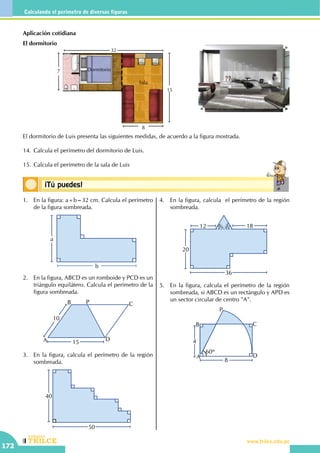 CEILTR
Colegios
www.trilce.edu.pe
172
Calculando el perímetro de diversas figuras
Conceptos básicos¡Tú puedes!
Aplicación cotidiana
El dormitorio
			
32
7
15
8
Dormitorio
Sala
El dormitorio de Luis presenta las siguientes medidas, de acuerdo a la figura mostrada.
14.	Calcula el perímetro del dormitorio de Luis.
15.	Calcula el perímetro de la sala de Luis
1.	 En la figura: a+b=32 cm. Calcula el perímetro
de la figura sombreada.
	
a
b
2.	 En la figura, ABCD es un romboide y PCD es un
triángulo equilátero. Calcula el perímetro de la
figura sombreada.
10
15A
B P C
D
3.	 En la figura, calcula el perímetro de la región
sombreada.
40
50
4.	 En la figura, calcula el perímetro de la región
sombreada.
20
36
1812
60º
60º
5.	 En la figura, calcula el perímetro de la región
sombreada, si ABCD es un rectángulo y APD es
un sector circular de centro "A".
60º
A
B C
P
D
4
8
 