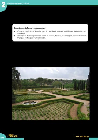 CEILTR
Colegios
www.trilce.edu.pe
190
Ordenamiento lineal y circular
2
•	 Los Jardines en muchos casos presentan regiones de diferentes formas.
	 Jardines de la catedral Santa Cécile - Albi – Francia
Conociendo las regiones poligonales
En este capítulo aprenderemos a:
•	 Conocer y aplicar las fórmulas para el cálculo de áreas de un triángulo rectángulo y un
romboide.
•	 Desarrollar diversos problemas sobre el cálculo de áreas de una región encerrada por un
triángulo rectángulo y un romboide.
L
os Jardines tienen su origen entre los años 1630 y 1640, cuando el Conde-Duque de Olivares (Don
Gaspar de Guzmán y Pimentel), valido de Felipe IV (1621–1665), le regaló al rey unos terrenos que le
habían sido cedidos por el Duque de Fernán Núñez para el recreo de la Corte en torno al Monasterio
de los Jerónimos de Madrid. Así, con la reforma del Cuarto Real que había junto al Monasterio, se inició la
construcción del Palacio del Buen Retiro. Contaba entonces con unas 145 hectáreas. Aunque esta segunda
residencia real iba a estar en lo que en aquellos tiempos eran las afueras de la villa de Madrid, no estaba
excesivamente lejos del alcázar y resultó ser un lugar muy agradable por estar en una zona muy boscosa
y fresca.
http://www.all-free-photos.com
2
 