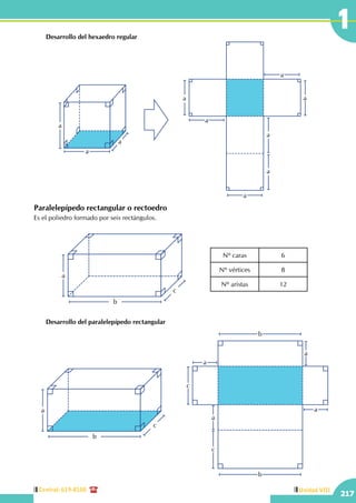 Central: 619-8100
217
Unidad VIII
1
a
a
a
a
a
a
a
a
a
a
Paralelepípedo rectangular o rectoedro
Es el poliedro formado por seis rectángulos.
b
c
a
Nº caras 6
Nº vértices 8
Nº aristas 12
	 Desarrollo del paralelepípedo rectangular
b
c
a
a
a
b
b
c
c
a
a
	 Desarrollo del hexaedro regular
 