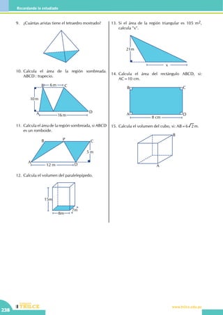 CEILTR
Colegios
www.trilce.edu.pe
238
Recordando lo estudiado
9.	 ¿Cuántas aristas tiene el tetraedro mostrado?
10.	Calcula el área de la región sombreada.
ABCD : trapecio.
10m
16 m
6 m
A
B C
D
11.	 Calcula el área de la región sombreada, si ABCD
es un romboide.
A
B C
D
P
5 m
12 m
12.	Calcula el volumen del paralelepípedo.
15m
7m
8m
13.	Si el área de la región triangular es 105 m2,
calcula "x".
x
21m
14.	Calcula el área del rectángulo ABCD, si:
AC=10 cm.
8 cm
A
B C
D
15.	Calcula el volumen del cubo, si: AB=6 2 m.
A
B
 