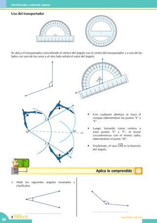 CEILTR
Colegios
www.trilce.edu.pe
30
Identificando y midiendo ángulos
ConceptosbásicosAplica lo comprendido
10 x
5
50
Uso del transportador
Se ubica el transportador coincidiendo el vértice del ángulo con el centro del transportador y a uno de los
lados con uno de los ceros y el otro lado señala el valor del ángulo.
110º
O M
F
E
•	 Con cualquier abertura se traza el
compás obteniéndose los puntos "E" y
"F" .
•	 Luego, tomando como centros a
estos puntos "E" y "F", se trazan
circunferencias con el mismo radio;
obteniéndose el punto "M".
•	 Finalmente, el rayo OM es la bisectriz
del ángulo.
1.	Mide los siguientes ángulos mostrados y
clasifícalos.
 