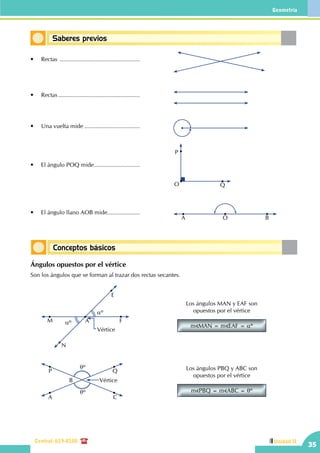 Geometría
Central: 619-8100
35
Unidad II
Saberes previos
Conceptos básicos
•	 Rectas ..................................................	
•	 Rectas...................................................	
•	 Una vuelta mide...................................	
•	 El ángulo POQ mide.............................	
P
QO
•	 El ángulo llano AOB mide....................	
OA B
Ángulos opuestos por el vértice
Son los ángulos que se forman al trazar dos rectas secantes.
	
M αº
αº
N
F
E
A
Vértice
Los ángulos MAN y EAF son
opuestos por el vértice
m MAN = m EAF = αº
	
θº
B
P Q
A C
Vértice
θº
Los ángulos PBQ y ABC son
opuestos por el vértice
m PBQ = m ABC = θº
 