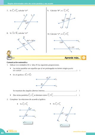 CEILTR
Colegios
www.trilce.edu.pe
62
Ángulos determinados entre dos rectas paralelas y una secante
Conceptosbásicos Aprende más...
Comunicación matemática
1.	 Indicar si es verdadero (V) o  falso (F) las siguientes proposiciones.
	 •	 Las rectas paralelas son aquellas que al ser prolongadas no tienen ningún punto
	 	 en común ................................................................................................(	)
	
	 •	 En el gráfico: (L1 // L2)
L1
L2
aº
qº
		 Se muestran dos ángulos alternos internos..................................................................(	)
	 •	 Dos rectas paralelas
!!
L1
y
!!
L2
se denotan como:
!!
L1
//
!!
L2
............................................... (	)
2.	 Completar las relaciones de acuerdo al gráfico:
aº=..........             
L1
L2
aº
qº
•	 Si:
!!
L1
//
!!
L2
•	 Si:
!!
L1
//
!!
L2
L1
L2
aº
bº
aº=..........             
7.	Si:
!!
L1
//
!!
L2
, calcular "aº"
L1
L2
3aº
54º
8.	Si:
!!
a //
!!
b, calcular "aº"
a
b
94º
4aº+10º
9.	 Calcular "qº", si:
!!
L1
//
!!
L2
L1
L2
5qº
145º
10.	Calcular "xº", si:
!!
L1
//
!!
L2
L1
L2
154º
xº+35º
 