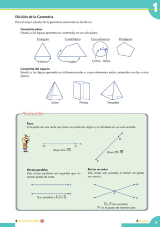 7
Central: 619-8100 Unidad I
1
División de la Geometría
Para el mejor estudio de la geometría elemental se divide en:
	
	 Geometría plana
	 Estudia a las figuras geométricas contenidas en un solo plano.
	
PentágonoCircunferencia
Centro Radio
r
Triángulo
Vértices
Cuadrilátero
Lados
	 Geometría del espacio
	 Estudia a las figuras geométricas tridimensionales o cuyos elementos están contenidos en dos o más
planos.
		
	 Cono Prisma Tetraedro
	Rayo
	 Es la parte de una recta que tiene un punto de origen y es ilimitado en un solo sentido.
	
AO
Rayo OA: OA
B
P
Rayo PB: PB
a es paralela a b (a // b)
a
b
m y n son secantes
"P" es el punto de intersección
m
n
P
Rectas secantes
Dos rectas son secantes si tienen un punto
en común.
	 Rectas paralelas
	 Dos rectas paralelas son aquellas que no
tienen punto de corte.
Ten en cuenta
 