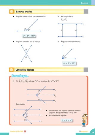 Geometría
Central: 619-8100
75
Unidad III
Conceptos básicos
Saberes previos
L1
L2
d d
L1 // L2
•	 Rectas paralelas
qº
qº
•	 Ángulos opuestos por el vértice
bº
aº
aº + bº = 90º
•	 Ángulos complementarios
•	 Ángulos consecutivos y suplementarios
aº
bº
aº + bº = 180º
	 •	 Si:  
!!
L1
//
!!
L2
//
!!
L3
, calcular "xº" en términos de  "aº" y "bº".
L1
L3
L2
aº
bº
xº
		Resolución:
L1
L3
L2
aº
aº
bº
bº
xº
xº = aº + bº
•	 Trasladamos los ángulos alternos internos
(ángulos de igual medida) "aº" y "bº"
•	 Por adición de ángulos:
Recuerda que...
 