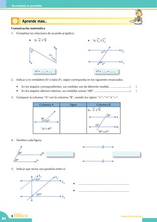 CEILTR
Colegios
www.trilce.edu.pe
84
Recordando lo aprendido
Conceptos básicosAprende más...
Comunicación matemática
1.	 Completar las relaciones de acuerdo al gráfico:
L2
L1
xº
yº
xº+ ......=........
•	 Si:
!!
L1
//
!!
L2
xº= ......+.....
a
b
xº
yº+
zº
•	 Si:
!!
a //
!!
b
2.	 Indicar si es verdadero (V) o falso (F), según corresponda en los siguientes enunciados.
	 •	 En los ángulos correspondientes, sus medidas son de diferente medida ..........................(	)
	 •	 En los ángulos alternos internos, sus medidas suman 180º .............................................(	)
3.	 Comparar la columna "A" con la columna "B", usando los signos ">"; "<" ó "=".
Columna A Signo Columna B
qº
aº
"aº+qº"
Si:
!!
a //
!!
b .
qº
wº
a
b
"qº+wº"
4.	 Nombra cada figura:
m
n
qº
qº
5.	 Indicar que rectas son paralelas entre sí:
L2
L3
L4
L1
45º
45º
•	 ...............................................................
•	 ...............................................................
 