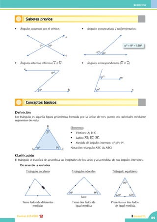 Geometría
Central: 619-8100
89
Unidad III
Conceptos básicos
Saberes previos
L1
L2
qº qº
•	 Ángulos opuestos por el vértice.
•	 Ángulos alternos internos (
!!
a //
!!
b ) •	 Ángulos correspondientes (
!!
m //
!!
n )
•	 Ángulos consecutivos y suplementarios.
aº
qº
aº+qº=180º
qº
qº
a
b aº
aº m
n
Definición
Un triángulo es aquella figura geométrica formada por la unión de tres puntos no colineales mediante
segmentos de recta.
Clasificación
El triángulo se clasifica de acuerdo a las longitudes de los lados y a la medida de sus ángulos interiores.
	 De acuerdo a sus lados
Triángulo escaleno
Tiene lados de diferentes
medidas
Triángulo isósceles
Tiene dos lados de
igual medida
qº qº
base
Triángulo equilátero
Presenta sus tres lados
de igual medida.
60º
60º 60º
bº
aº qº
A
B
C
Elementos:
•	 Vértices: A; B; C
•	 Lados: AB; BC; AC.
•	 Medida de ángulos internos: aº; bº; qº.
Notación: triángulo ABC ( ABC)
 