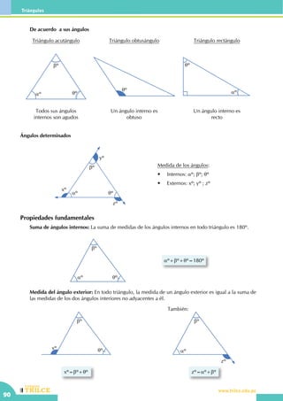 CEILTR
Colegios
www.trilce.edu.pe
90
Triángulos
	 De acuerdo a sus ángulos
bº
aº qº
Triángulo acutángulo
Todos sus ángulos
internos son agudos
qº
Triángulo obtusángulo
Un ángulo interno es
obtuso
qº
aº
Triángulo rectángulo
Un ángulo interno es
recto
bº
aº qº
aº+bº+qº=180º
Ángulos determinados
Propiedades fundamentales
	 Suma de ángulos internos: La suma de medidas de los ángulos internos en todo triángulo es 180º.
	 Medida del ángulo exterior: En todo triángulo, la medida de un ángulo exterior es igual a la suma de
las medidas de los dos ángulos interiores no adyacentes a él.
zº
yº
xº
aº
bº
qº
Medida de los ángulos:
•	 Internos: aº; bº; qº
•	 Externos: xº; yº ; zº
xº=bº+qº
bº
qºxº
zº=aº+bº
bº
aº
zº
	También:
 