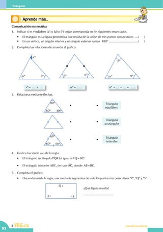 CEILTR
Colegios
www.trilce.edu.pe
92
Triángulos
Conceptos básicosAprende más...
Comunicación matemática
1.	 Indicar si es verdadero (V) o falso (F) según corresponda en los siguientes enunciados.
	 •	 El triángulo es la figura geométrica que resulta de la unión de tres puntos consecutivos .....(	)
	 •	 En un vértice, un ángulo interior y un ángulo exterior suman  180º ....................................(	)
2.	 Completa las relaciones de acuerdo al gráfico:
xº
aº bº
xº= .... + ....
qº aº
aº=........
aº qº
bº
aº +.... + ....= .......
3.	 Relaciona mediante flechas.
	
Triángulo
equilátero
80º
60º 40º
••
Triángulo
acutángulo
••
Triángulo
isósceles
60º
60º 60º
••
4.	 Grafica haciendo uso de la regla:
	 •	 El triángulo rectángulo PQR tal que: mBQ=90º.
	 •	 El triángulo isósceles ABC, de base AC, donde: AB=BC.
5.	 Completa el gráfico:
	 •	 Haciendo uso de la regla, une mediante segmentos de recta los puntos no consecutivos "P"; "Q" y "S".
¿Qué figura resulta?
....................................
Q
P S
 