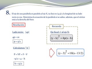 8. El eje de una parábola es paralelo al eje X, su foco es (4;3) y la longitud de su lado
recto es 10u. Determina la ecuación de la parábola si se sabes, además, que el vértice
está a la derecha del foco.
Resolución
Lado recto: |4p|
4p = 10
p = 5/2
Calculamos “ h ”:
P = VF = F - V
-5/2 = 4 – h
h = 13/2
Recuerda
Eje focal // al eje X:
h)-4p(x
2
k)-(y
13/2)-10(x
2
3)-(y
 