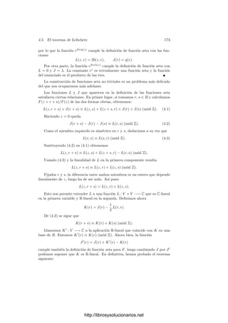 i=1
Vi,
donde los conjuntos Vi son abiertos disjuntos en X y todas las aplicaciones
f|Vi
: Vi −→ U son transformaciones conformes.
Demostración: a) Ya hemos visto que f es abierta y por compacidad es
cerrada. Por consiguiente, f[X] es abierto y cerrado en Y , luego por conexión
f[X] = Y .
b) Ya está probado.
c) El conjunto X  V es cerrado en X, luego B = f[X  V ] es cerrado en Y
y no contiene a y, luego U = Y  B es un entorno abierto de y que cumple lo
pedido.
d) Sea f−1
[y] = {x1, . . . , xn}, donde xi = xj para i = j. Como y es un
punto de escisión, cada xi tiene un entorno abierto Wi tal que f|Wi es inyectiva.
Podemos tomar los Wi disjuntos dos a dos. Entonces W = W1 ∪ · · · ∪ Wn es un
abierto que contiene a f−1
[y], luego por el apartado anterior existe un entorno
abierto U de y tal que f−1
[U] ⊂ W. Podemos suponer que U ⊂ f[Wi] para
todo i. Sea Vi = Wi ∩ f−1
[U]. Es claro que los conjuntos Vi cumplen lo pedido.
Finalmente probamos que el número de antiimágenes de los puntos de es-
cisión es constante:
Teorema 4.32 Sea f : X −→ Y una aplicación holomorfa no constante entre
superﬁcies de Riemann. Entonces existe un número natural n tal que cada
punto de escisión b ∈ Y tiene exactamente n antiimágenes por f. Además,
si f−1
[b] = {a1, . . . , an}, existe un entorno abierto U de b en Y y entornos
abiertos disjuntos Vi en X de cada ai de modo que f−1
[U] = V1 ∪ · · · ∪ Vn y las
restricciones f|Vi : Vi −→ U son conformes.
http://librosysolucionarios.net
 