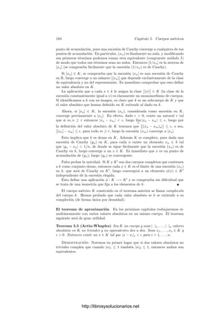 184 Capı́tulo 4. Variedades complejas
Demostración: Supongamos que Fa(z) = F(z)g(z), para una cierta fun-
ción zeta trivial g(z) = e2πi(q(z)+λ(z)+c)
. Entonces
Fa(z + r)
F(z + r)
=
Fa(z)
F(z)
e2πiL(−a,r)
y, por otra parte, esto es igual a
g(z + r) = g(z)e2πi(2b(z,r)+b(r,r)+λ(r))
,
donde b es la forma bilineal simétrica asociada a la forma cuadrática q. Por lo
tanto:
e2πiL(−a,r)
= e2πi(2b(z,r)+b(r,r)+λ(r))
.
Haciendo z = 0 queda e2πiL(−a,r)
= e2πi(b(r,r)+λ(r))
, luego e2πi2b(z,r)
= 1.
Esto implica que 2b(z, r) ∈ Z para todo z, lo cual es imposible salvo si b = 0.
Nos queda entonces que e2πiL(−a,r)
= e2πi(λ(r))
, luego
λ(r) = L(−a, r) + m(r) = L(r, −a) + E(−a, r) + m(r)
para una cierta función m : R −→ Z. Despejándola en la igualdad anterior
vemos que se extiende a una aplicación R-lineal m : V −→ R. (El hecho de que
sea lineal y tome valores enteros sobre R implica que la extensión toma valores
en R.) Tenemos, pues, que
λ(z) − L(z, −a) = E(−a, z) + m(z),
pero el miembro izquierdo es C-lineal en z y el miembro derecho toma valores
en R. Esto sólo puede ser si ambos miembros son nulos. Por lo tanto llegamos
a que λ(z) = L(z, −a) y E(a, z) = m(z). En particular Ea toma valores enteros
sobre R.
Consideremos ahora una base de Frobenius e1, v1, . . . , eg, vg de R respecto
de E. Dado un a ∈ V lo expresamos como
a = a1e1 + b1v1 · · · + ageg + bgvg,
con ai, bi ∈ R. Entonces E(a, ej) = −bjdj y E(a, vj) = ajdj son enteros si y sólo
si las coordenadas aj, bj de a son números racionales de la forma uj/dj, vj/dj.
Es claro entonces que, módulo R, hay únicamente det R = d2
1 · · · d2
g puntos a
posibles.
Deﬁnición 4.49 Si F es una función zeta normalizada no degenerada en un
espacio V respecto de un retı́culo R, llamaremos L(F) al espacio vectorial de
las funciones zeta que cumplen (4.8) con las mismas H y K.
Hemos visto que (4.8) determina la forma H, y esto a su vez implica que
e2πiK(r)
está unı́vocamente determinada, por lo que cambiar K por otra función
http://librosysolucionarios.net
 