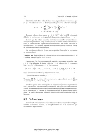 186 Capı́tulo 4. Variedades complejas
Según hemos indicado, para que se cumplan las propiedades a), b) y c)
es necesario elegir F adecuadamente. En realidad basta sustituir F por F3
.
Observemos que si F es una función zeta no degenerada, asociada a una forma
de Riemann E, entonces F3
es también una función zeta no degenerada asociada
a la forma 3E. En lo sucesivo suponemos, pues, que F0, . . . , Fm es una base de
L(F3
).
Empezamos probando que U = T. Para ello vemos que si a, b ∈ V , entonces
FaFbF−a−b ∈ L(F3
). En efecto, si F cumple (4.4) con unas funciones L y K,
entonces los tres factores cumplen la deﬁnición de función zeta con exponentes
L(z, r) +
1
2
L(r, r) + K(r) − La(r),
L(z, r) +
1
2
L(r, r) + K(r) − Lb(r),
L(z, r) +
1
2
L(r, r) + K(r) + La+b(r),
respectivamente, luego el producto de los tres cumple (4.4) con las funciones
3L y 3K, que son las correspondientes a la función F3
. Ası́ pues, para pro-
bar que U = T basta ver que para todo z ∈ V existen a, b ∈ V tales que
Fa(z)Fb(z)F−a−b(z) = 0.
Notemos que si G es una función zeta, también lo es la función dada por
G−
(z) = G(−z). Teniendo esto en cuenta, basta elegir a ∈ V que no anule
a (F−
)z, con lo que Fa(z) = 0, y luego elegimos otro b ∈ V que no anule a
(F−
)b((F−
)z+a)−
, con lo que Fb(z)F−a−b(z) = 0.
Veamos ahora que f es inyectiva. Para ello suponemos que z, w ∈ V cumplen
que f([z]) = f([w]). Entonces existe un γ ∈ C no nulo tal que Fi(z) = γFi(w),
luego de hecho G(z) = γG(w) para todo G ∈ L(F3
). Si G ∈ L(F) y a, b ∈ V ,
entonces GaGbG−a−b ∈ L(F3
), luego
G(z − a)G(z − b)G(z + a + b) = γG(w − a)G(w − b)G(w + a + b).
Razonando como en la prueba de a), para cualquier b0 ∈ V podemos encon-
trar un a ∈ V tal que
G(z − a)G(z + a + b0)G(w − a)G(z + a + b0) = 0.
Esta desigualdad sigue cumpliéndose para todo b en un entorno de b0. En
dicho entorno, deﬁnimos
g0(b) =
γG(w − a)G(w + a + b)
G(z − a)G(z + a + b)
,
de modo que g0 es una función holomorfa en un entorno de b0 que no se anula
en ningún punto (de dicho entorno) y tal que
G(z − b) = G(w − b)g0(b).
http://librosysolucionarios.net
 