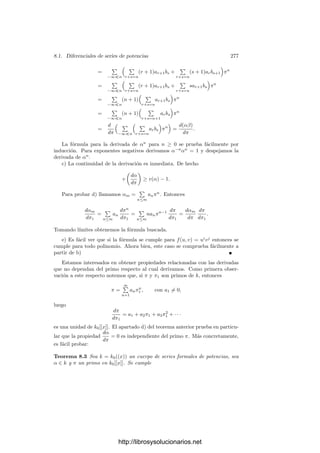 7.3. Diferentes 267
Recı́procamente, si α = a1w
1 + · · · + anw
n, para ciertos elementos ai ∈ o,
entonces Tr(αwi) = ai ∈ o, y por linealidad es claro que Tr(αβ) ∈ o para todo
β ∈ L, luego α ∈ L
.
En la situación del teorema anterior, estamos principalmente interesados en
el O-módulo O
. Observemos que de 5.35 se sigue que Tr[O] ⊂ o (la traza de
un entero es entera). Esto implica que O ⊂ O
.
Por otra parte, la separabilidad de la extensión implica que existe un α ∈ K
con Tr(α) = a = 0. Si π es un primo en o, tenemos que Tr(α/πi
) = a/πi
, que
no está en o para i suﬁcientemente grande. Concluimos que O
= K.
Si α ∈ O
, entonces αO ⊂ O
, es decir, O
contiene a todos β ∈ K con
v(β) ≥ v(α). Por consiguiente, el conjunto I = {v(α) | α ∈ O
} está acotado
inferiormente en Z (o de lo contrario serı́a O
= K). Como O ⊂ O
tenemos
que N ⊂ I, luego −i = mı́n I ≤ 0. Es claro entonces que
O
= {α ∈ K | v(α) ≥ −i} = Π−i
O,
donde Π es cualquier primo en K.
Deﬁnición 7.28 Sea K/k una extensión ﬁnita separable de cuerpos métricos
discretos completos. Con la notación anterior, deﬁnimos el diferente de la ex-
tensión como el ideal DK/k = Pi
, donde P es el ideal primo de O. En lo sucesivo
representaremos por D−1
K/k al módulo O
.
Demostraremos que la extensión K/k es no ramiﬁcada si y sólo si DK/k = 1.
Para ello necesitamos algunos resultados previos, que a su vez nos servirán
para relacionar los diferentes locales de una extensión de cuerpos de funciones
algebraicas. En primer lugar probamos la transitividad de los diferentes:
Teorema 7.29 Sea k ⊂ K ⊂ L una cadena de extensiones ﬁnitas separables de
cuerpos métricos discretos completos. Entonces
DL/k = DL/KDK/k.
Demostración: En el enunciado hay que entender que —al igual que hace-
mos en los cuerpos de funciones algebraicas— cada ideal Pi
de OK se identiﬁca
con el ideal Qei
de OL, donde P es el primo de OK, Q es el primo de OL y
e = e(L/K). En otras palabras, si
DL/k = Qi
, DL/K = Qj
, DK/k = Pr
,
hemos de probar que i = j + er.
En efecto, dado α ∈ L arbitrario, tenemos que
α ∈ D−1
L/k ↔ TrL
k [αOL] ⊂ o ↔ TrK
k [TrL
K[αOL]] ⊂ o ↔ TrK
k [TrL
K[αOL]OK] ⊂ o.
Aquı́ hemos usado que TrL
K es K-lineal. Llegamos, pues, a que
α ∈ D−1
L/k ↔ TrL
K[αOL] ⊂ D−1
K/k.
http://librosysolucionarios.net
 
