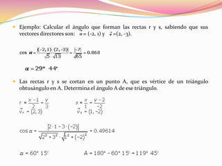  Ejemplo: Calcular el ángulo que forman las rectas r y s, sabiendo que sus
  vectores directores son: = (-2, 1) y =(2, -3).




 Las rectas r y s se cortan en un punto A, que es vértice de un triángulo
  obtusángulo en A. Determina el ángulo A de ese triángulo.
 