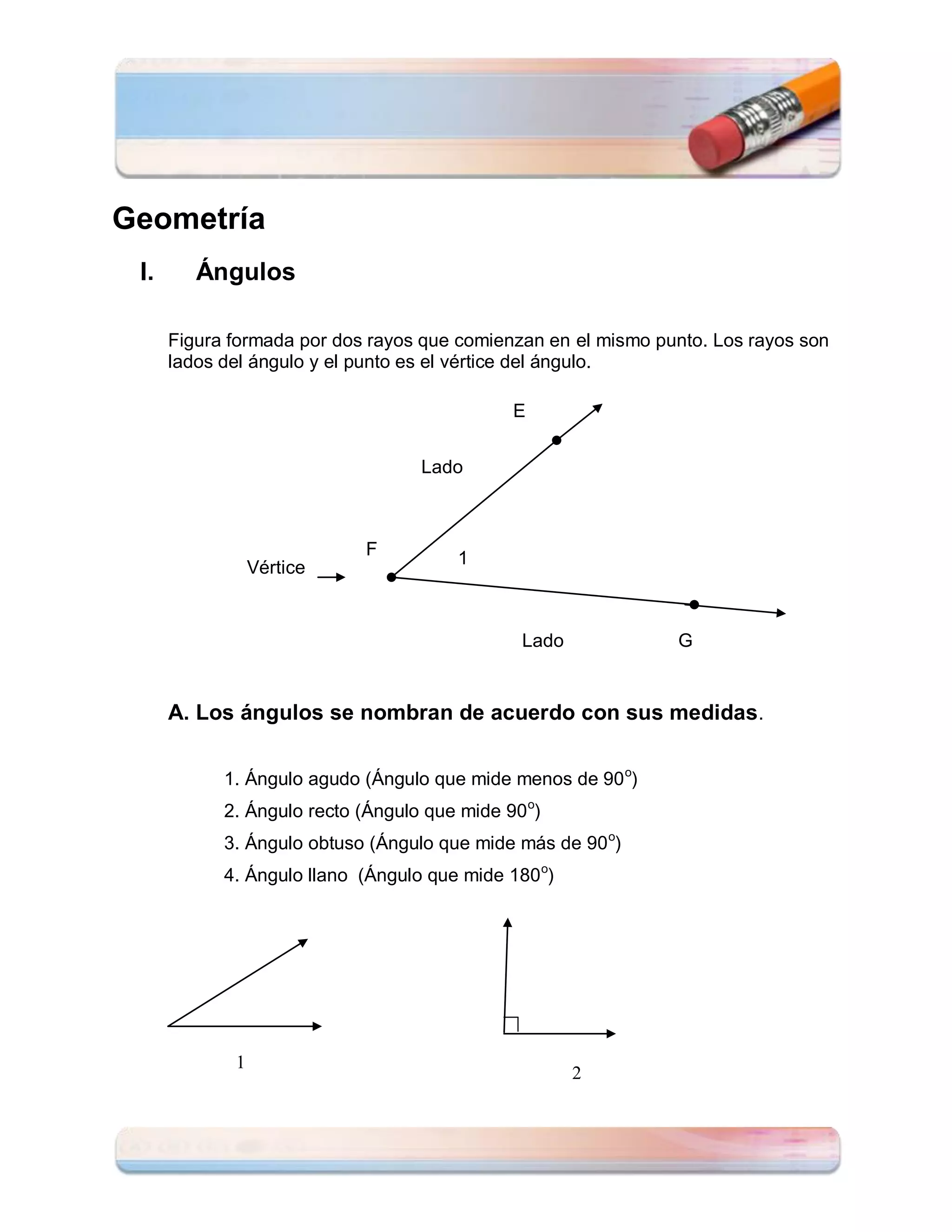Geometría
 I.      Ángulos

      Figura formada por dos rayos que comienzan en el mismo punto. Los rayos son
      lados del ángulo y el punto es el vértice del ángulo.

                                              E


                                   Lado



                             F          1
                 Vértice


                                               Lado            G


      A. Los ángulos se nombran de acuerdo con sus medidas .


            1. Ángulo agudo (Ángulo que mide menos de 90 o)
            2. Ángulo recto (Ángulo que mide 90 o)
            3. Ángulo obtuso (Ángulo que mide más de 90 o)
            4. Ángulo llano (Ángulo que mide 180 o)




             1
                                                      2
 