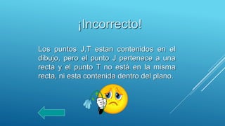 ¡Incorrecto!
Los puntos J,T estan contenidos en el
dibujo, pero el punto J pertenece a una
recta y el punto T no está en la misma
recta, ni esta contenida dentro del plano.
 