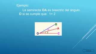 Ejemplo:
La semirecta OA es bisectriz del ángulo
O si se cumple que: 1= 2
Índice
 