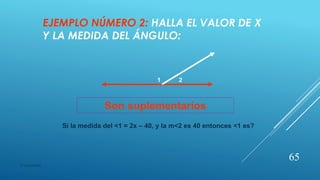 EJEMPLO NÚMERO 2: HALLA EL VALOR DE X
Y LA MEDIDA DEL ÁNGULO:
1 2
Si la medida del <1 = 2x – 40, y la m<2 es 40 entonces <1 es?
Son suplementarios
65
© copywriter
 
