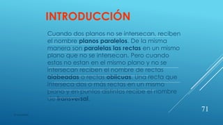 INTRODUCCIÓN
Cuando dos planos no se intersecan, reciben
el nombre planos paralelos. De la misma
manera son paralelas las rectas en un mismo
plano que no se intersecan. Pero cuando
estas no estan en el mismo plano y no se
intersecan reciben el nombre de rectas
alabeadas o rectas oblicuas. Una recta que
interseca dos o más rectas en un mismo
plano y en puntos distintos recibe el nombre
de transversal.
71
© copywriter
 