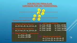 01. Ángulos alternos internos:
m 3 = m 5; m 4 = m 6
02. Ángulos alternos externos:
m 1 = m 7; m 2 = m 8
03. Ángulos internos consecutivos:
m 3+m 6=180
m 4+m 5=180°
04. Ángulos NO definidos:
m 1+m 8=180 m 2+m 5=180
m 2+m 7=180 m 2+m 7=180
m 2+m 5=180 m 1+m 6=180
m 3+m 8=180 m 4+m 7=180
05. Ángulos correspondientes:
m 1 = m 5; m 4 = m 8
m 2 = m 6; m 3 = m 7
DOS RECTAS PARALELAS
CORTADAS POR UNA TRANSVERSAL
1 2
34
5 6
78
Construir con segmentos
74
© copywriter
 