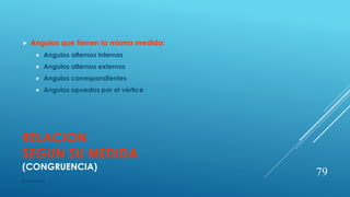 RELACION
SEGUN SU MEDIDA
(CONGRUENCIA)
 Angulos que tienen la misma medida:
 Angulos alternos internos
 Angulos alternos externos
 Angulos correspondientes
 Angulos opuestos por el vértice
79
© copywriter
 