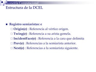  Registro semiaristas: e
 Origin(e) : Referencia al vértice origen.
 Twing(e) : Referencia a su arista gemela.
 IncidentFace(e) : Referencia a la cara que delimita
 Prev(e) : Referencias a la semiarista anterior.
 Next(e) : Referencias a la semiarista siguiente.
Geometría ComputacionalGeometría Computacional
Estructura de la DCEL
 