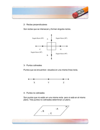 2- Rectas perpendiculares

Son rectas que se intersecan y forman ángulos rectos.



         Ángulo Recto (90o)             Ángulo Recto (90o)
                                A




                    C                         D
       Ángulo Recto (90o)
                                        Ángulo Recto (90o)
                                B




3- Puntos colineales

Puntos que se encuentran situados en una misma línea recta.




           X                    Y                  Z




4- Puntos no colineales

Son puntos que no están en una misma recta pero si está en el mismo
plano. Tres puntos no colineales determinan un plano.


                                                       m
                                         A
                            B
                                    C
 