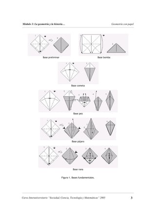 Módulo 3: La geometría y la historia… Geometría con papel
Base preliminar Base bomba
Base cometa
Base pez
Base pájaro
Base rana
Figura 1. Bases fundamentales.
3
Curso Interuniversitario “Sociedad, Ciencia, Tecnología y Matemáticas” 2005
 