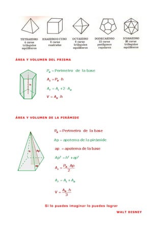 Á RE A Y VO L UME N DE L P R IS MA




Á RE A Y VO L UME N DE L A P IR Á M ID E




                  Si l o p ue d es i ma g i na r l o p ue d e s log ra r
                                                                       W A L T D I SN E Y
 